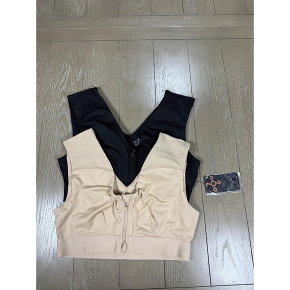 Tommie Copper Sports Bra Womens Large Black Beige Zip Front Copper Znergy 2 Pack - Picture 1 of 8